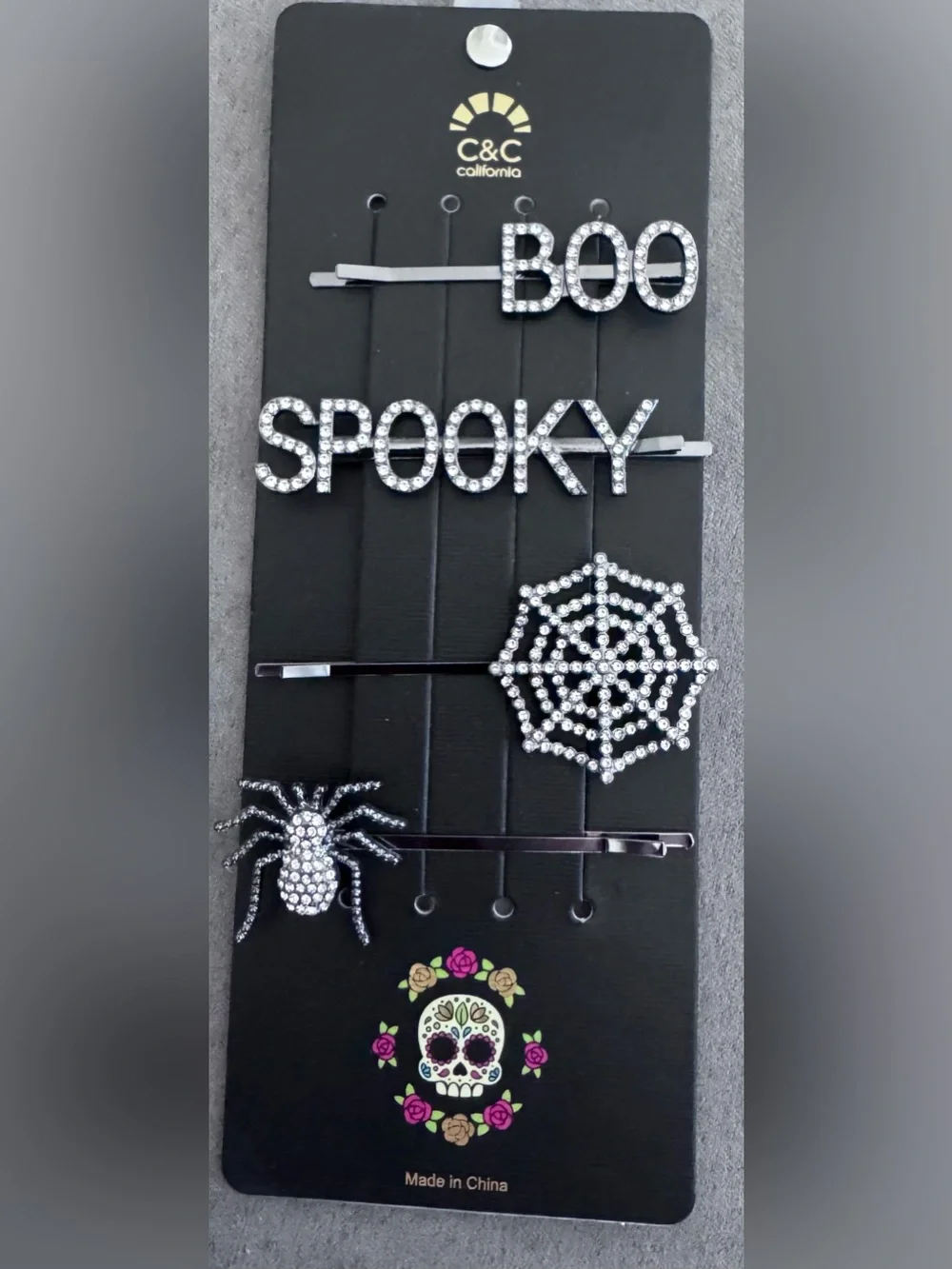 Halloween Rhinestone Hair Clip Set - Silver Spooky Spider & Web